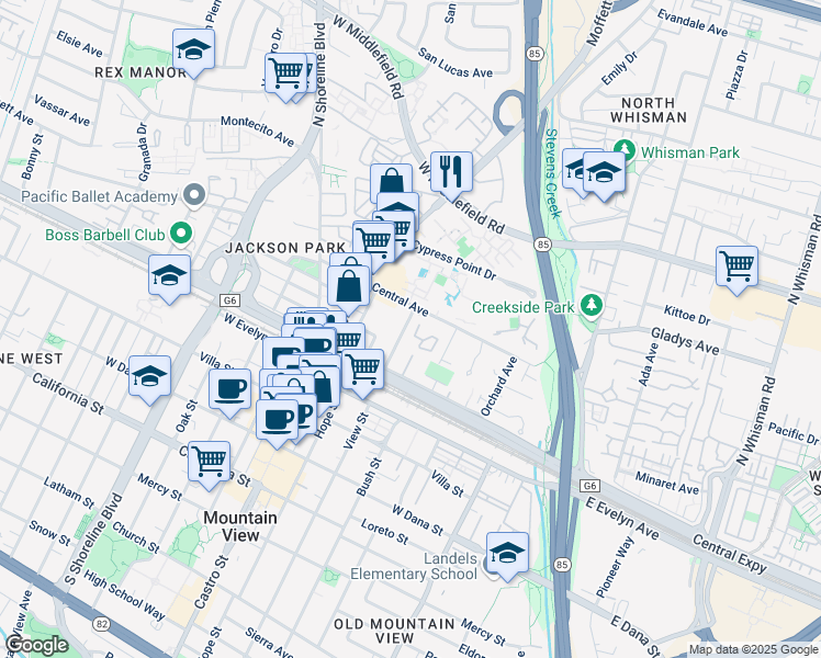 map of restaurants, bars, coffee shops, grocery stores, and more near 505 Central Avenue in Mountain View
