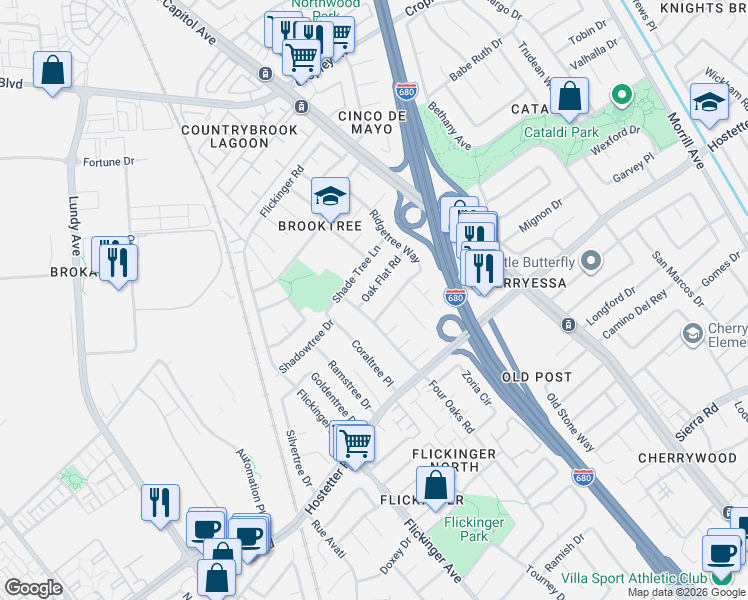 map of restaurants, bars, coffee shops, grocery stores, and more near 2314 Oak Flat Road in San Jose