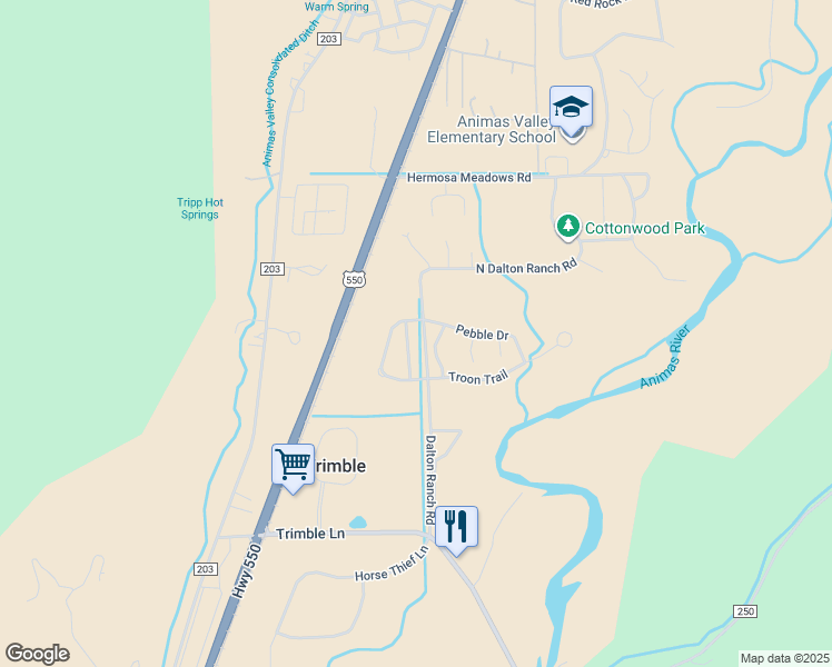 map of restaurants, bars, coffee shops, grocery stores, and more near Dalton Ranch Rd in Durango