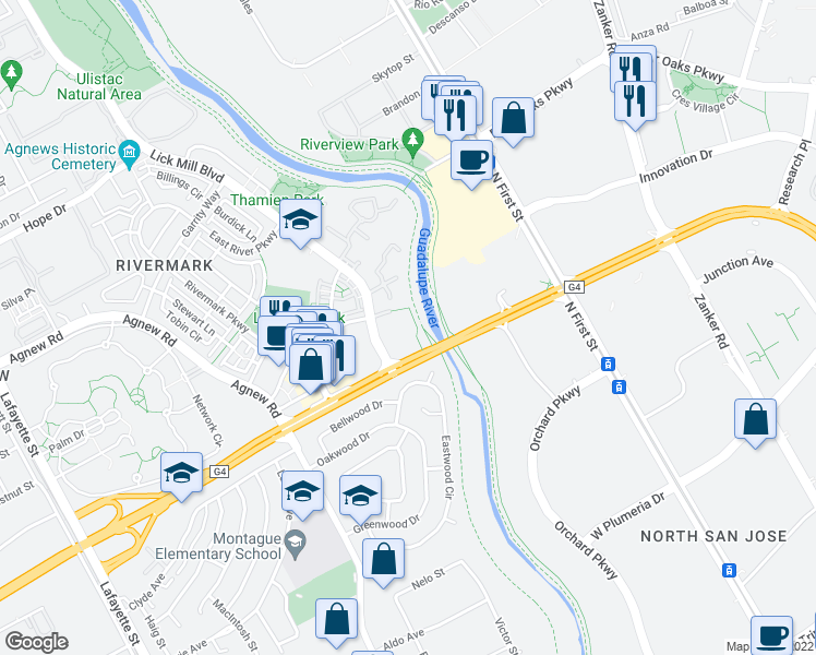 map of restaurants, bars, coffee shops, grocery stores, and more near 3901 Lick Mill Boulevard in Santa Clara