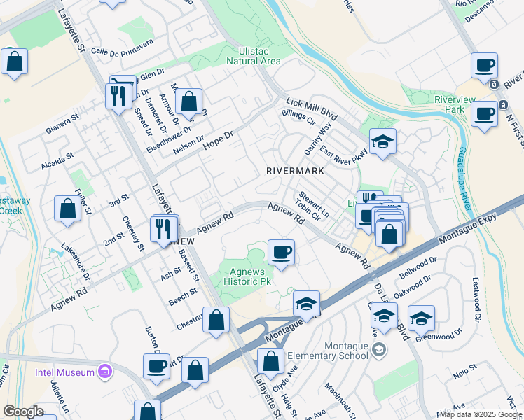 map of restaurants, bars, coffee shops, grocery stores, and more near 1459 Agnew Road in Santa Clara