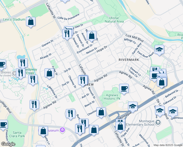 map of restaurants, bars, coffee shops, grocery stores, and more near 4446 Moulin Place in Santa Clara