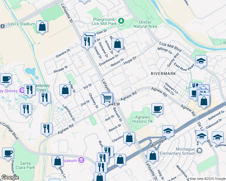 map of restaurants, bars, coffee shops, grocery stores, and more near 4446 Moulin Place in Santa Clara