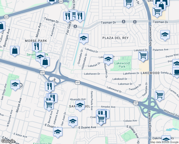 map of restaurants, bars, coffee shops, grocery stores, and more near 677 Lakehaven Drive in Sunnyvale