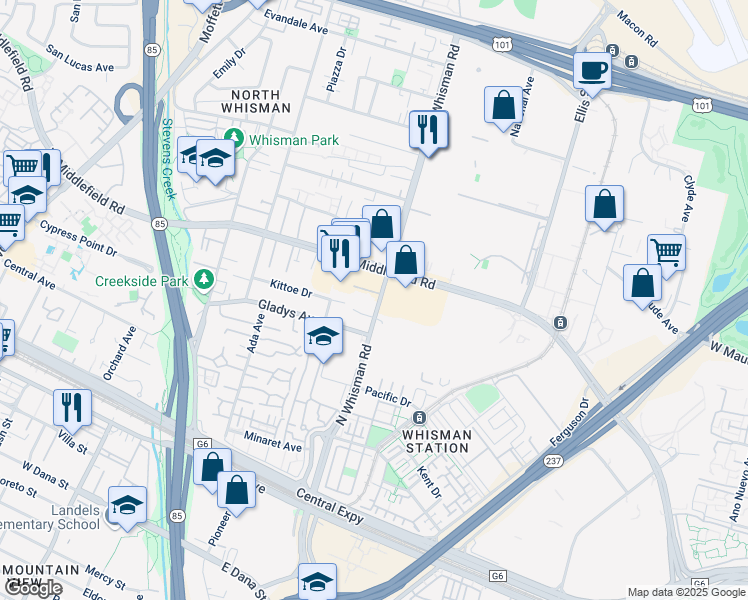 map of restaurants, bars, coffee shops, grocery stores, and more near in Mountain View