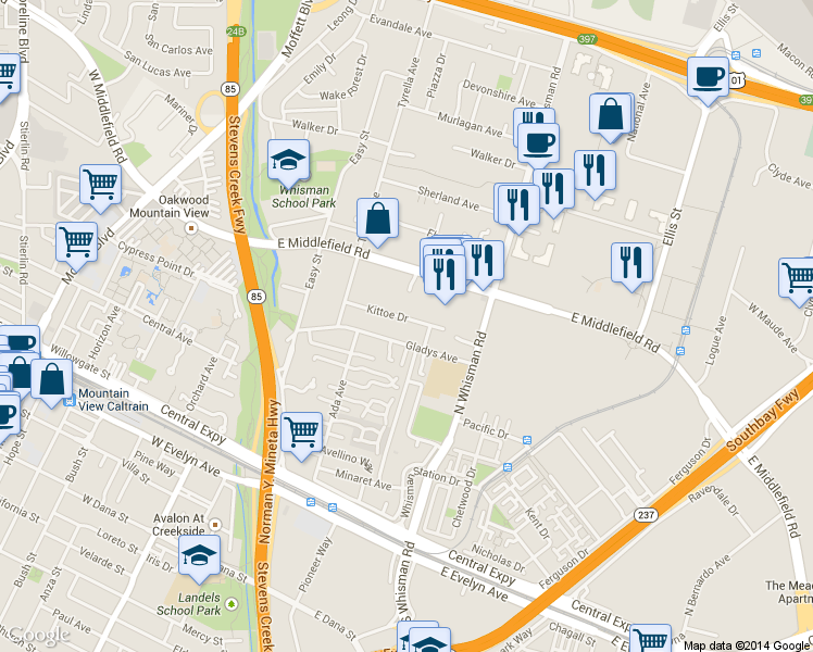 map of restaurants, bars, coffee shops, grocery stores, and more near 150 Kittoe Drive in Mountain View