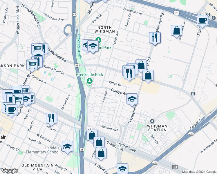 map of restaurants, bars, coffee shops, grocery stores, and more near 127 Kittoe Drive in Mountain View