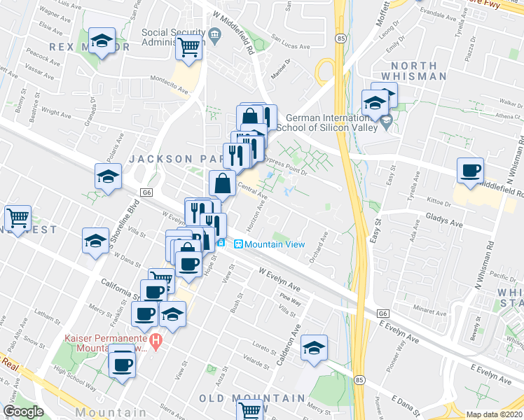 map of restaurants, bars, coffee shops, grocery stores, and more near 505 Central Avenue in Mountain View