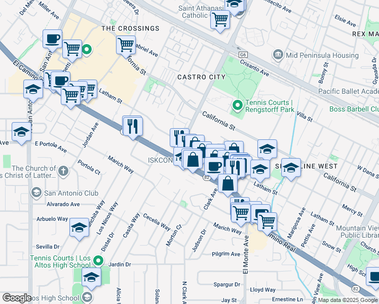 map of restaurants, bars, coffee shops, grocery stores, and more near 2050 Latham Street in Mountain View