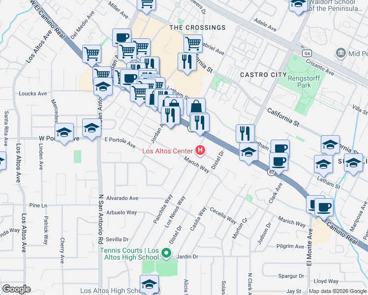 map of restaurants, bars, coffee shops, grocery stores, and more near 281 Marich Way in Los Altos