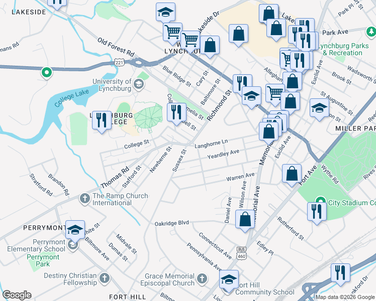 map of restaurants, bars, coffee shops, grocery stores, and more near 405-407 Langhorne Lane in Lynchburg