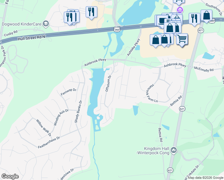 map of restaurants, bars, coffee shops, grocery stores, and more near 7706 Broadreach Drive in Chesterfield