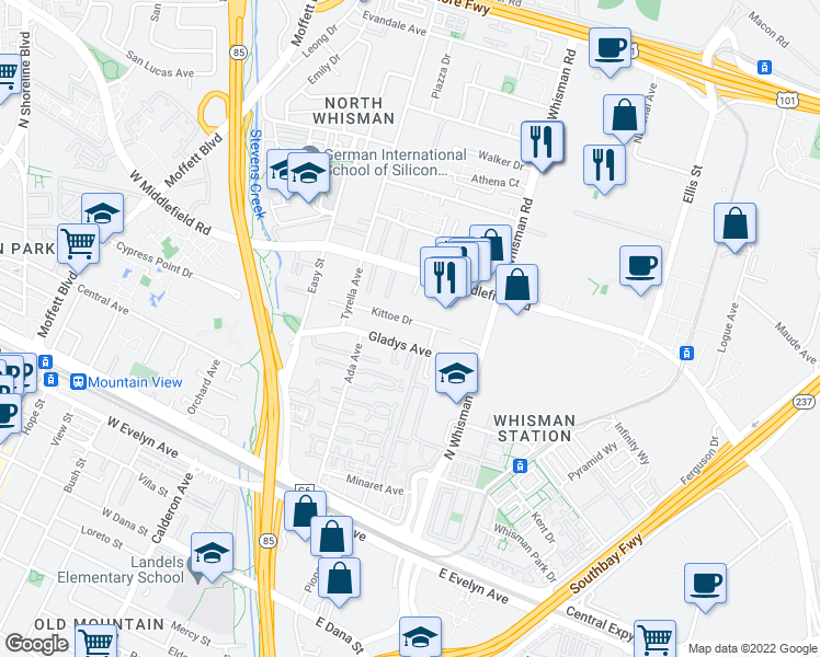 map of restaurants, bars, coffee shops, grocery stores, and more near 150 Kittoe Drive in Mountain View