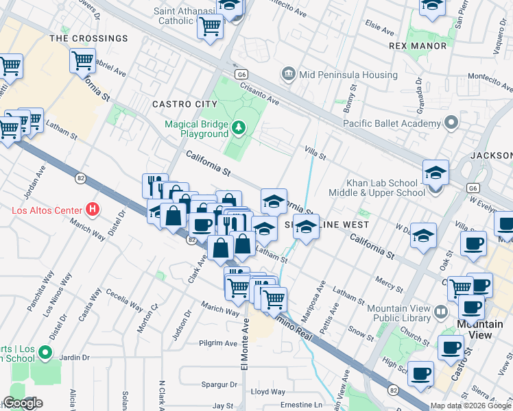 map of restaurants, bars, coffee shops, grocery stores, and more near 1921 California Street in Mountain View