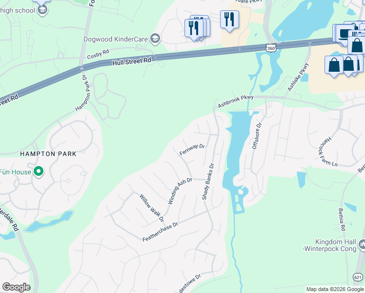 map of restaurants, bars, coffee shops, grocery stores, and more near 7607 Fern Hollow Drive in Chesterfield