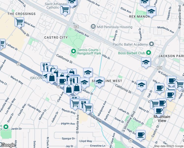 map of restaurants, bars, coffee shops, grocery stores, and more near in Mountain View