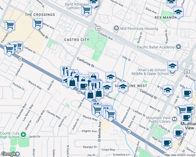 map of restaurants, bars, coffee shops, grocery stores, and more near 1945 Mount Vernon Court in Mountain View