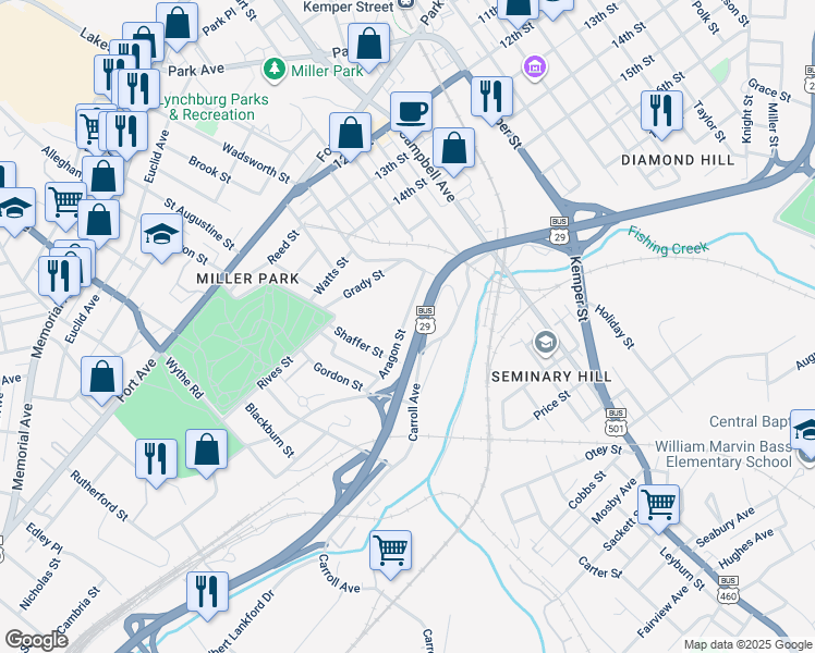 map of restaurants, bars, coffee shops, grocery stores, and more near 2346 Aragon Street in Lynchburg