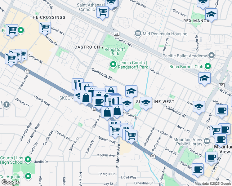 map of restaurants, bars, coffee shops, grocery stores, and more near 1945 Mount Vernon Court in Mountain View