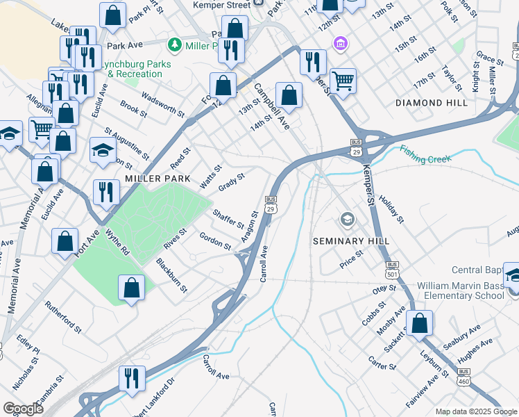 map of restaurants, bars, coffee shops, grocery stores, and more near 2346 Aragon Street in Lynchburg