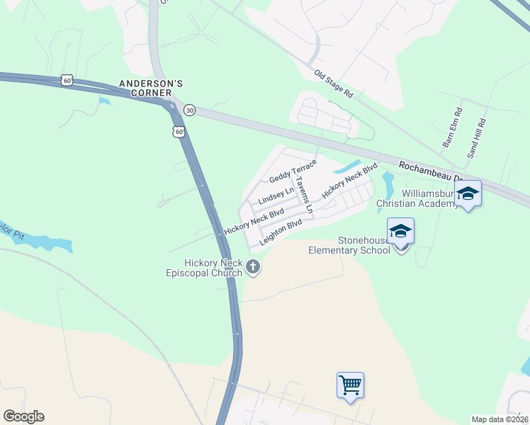 map of restaurants, bars, coffee shops, grocery stores, and more near 3400 Lindsey Lane in Toano