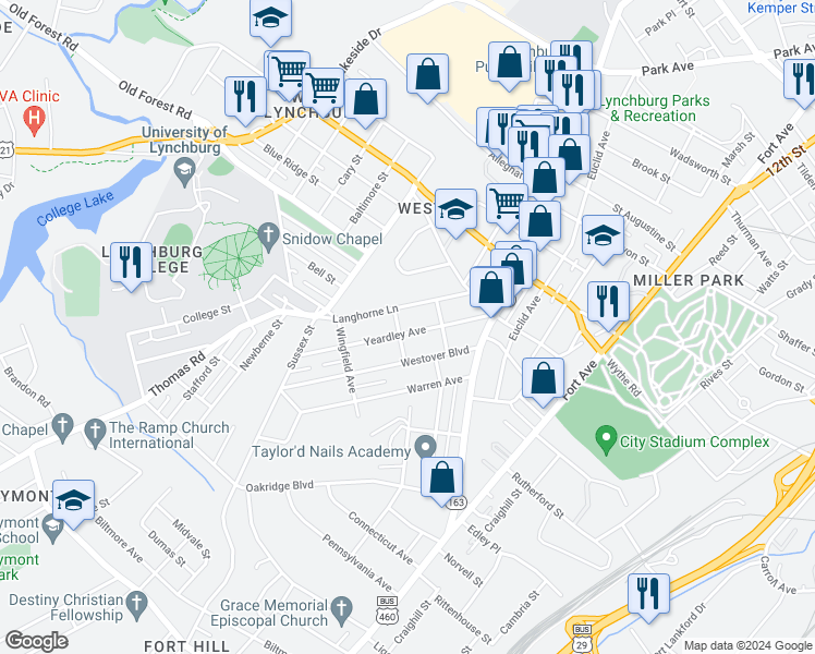 map of restaurants, bars, coffee shops, grocery stores, and more near 214 Yeardley Avenue in Lynchburg