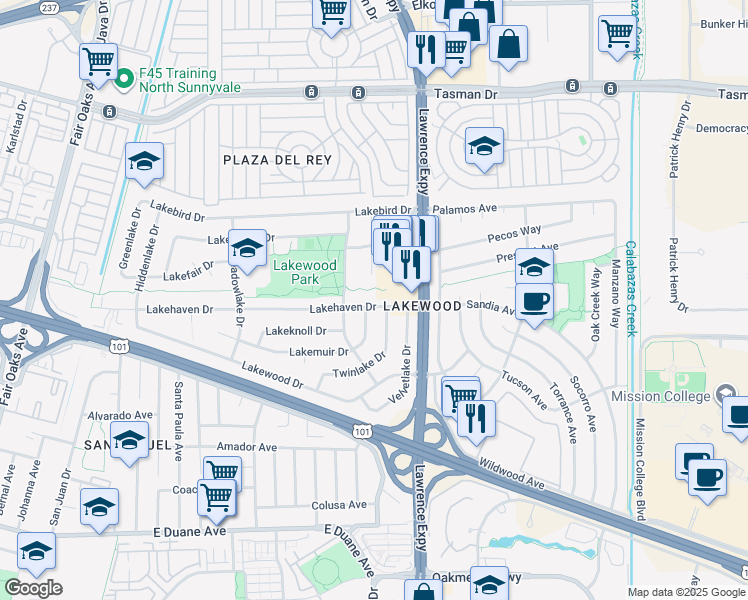map of restaurants, bars, coffee shops, grocery stores, and more near 1005 Lakehaven Drive in Sunnyvale