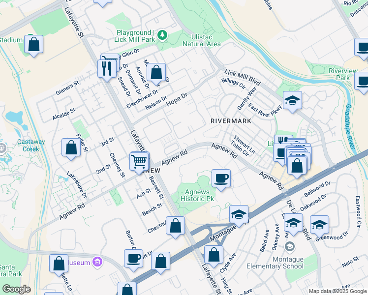 map of restaurants, bars, coffee shops, grocery stores, and more near 1509 Agnew Road in Santa Clara