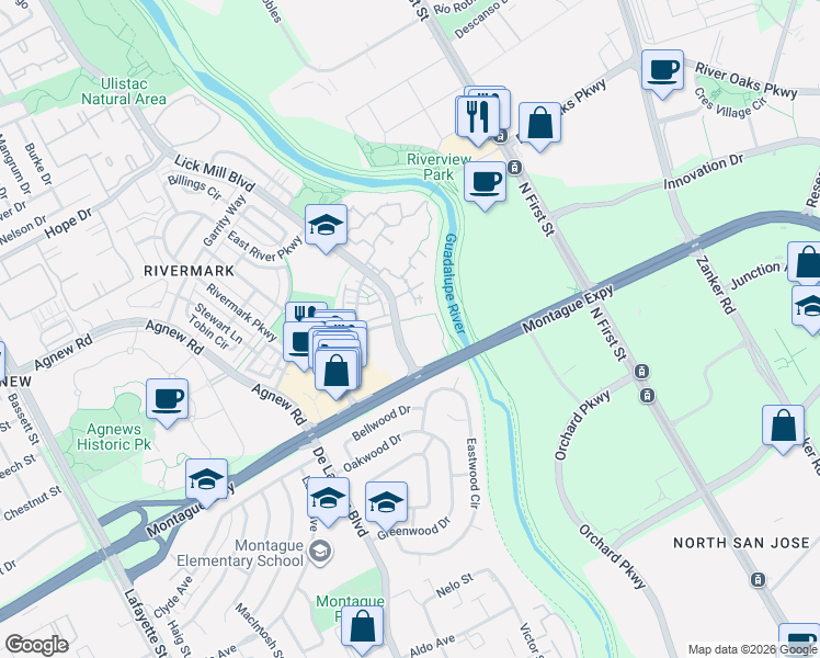 map of restaurants, bars, coffee shops, grocery stores, and more near 3901 Lick Mill Boulevard in Santa Clara