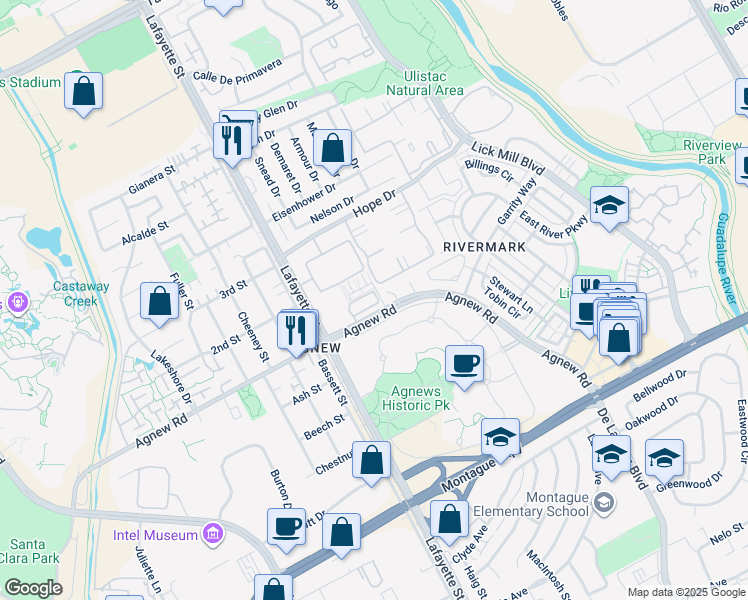 map of restaurants, bars, coffee shops, grocery stores, and more near 1509 Agnew Road in Santa Clara