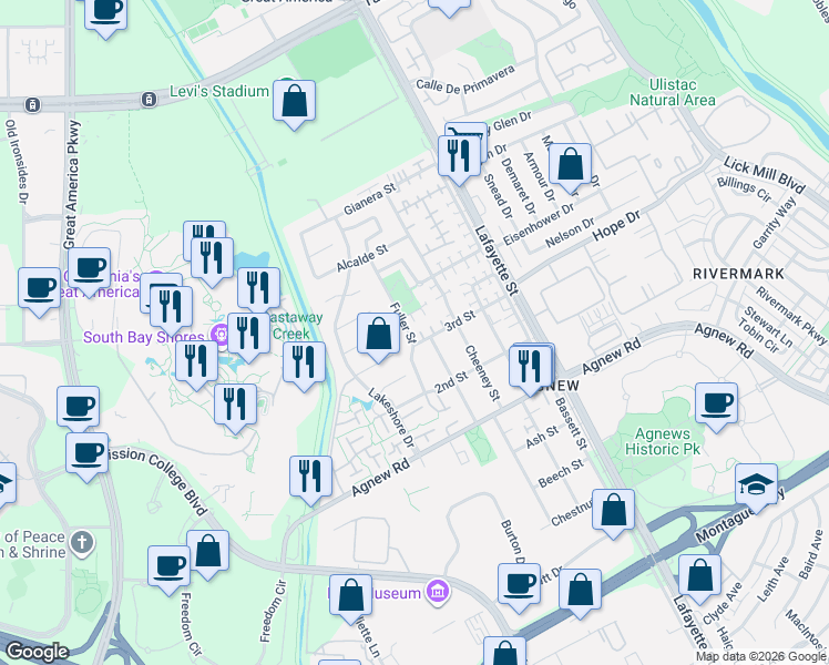 map of restaurants, bars, coffee shops, grocery stores, and more near 4534 Fuller Street in Santa Clara