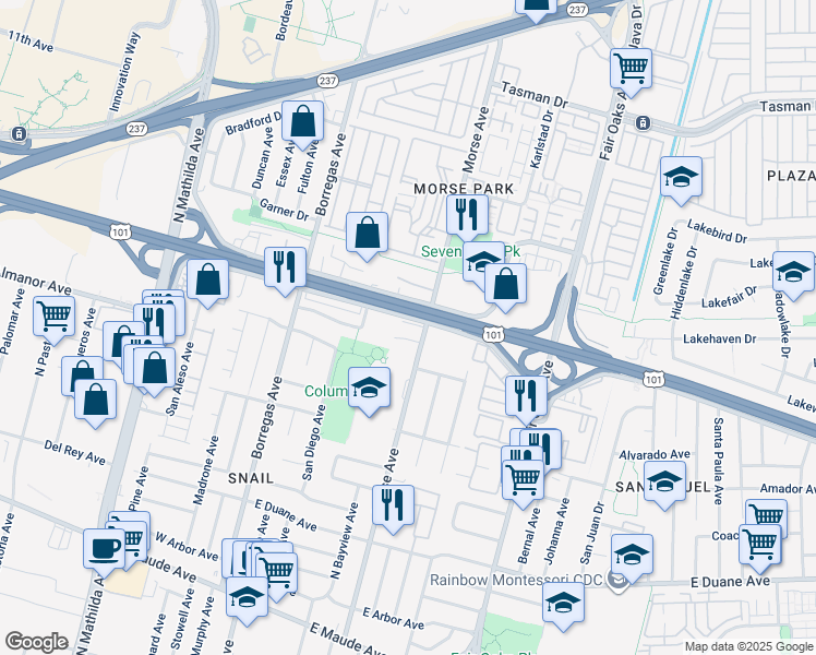 map of restaurants, bars, coffee shops, grocery stores, and more near 836 Alturas Avenue in Sunnyvale