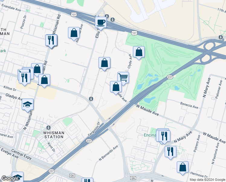map of restaurants, bars, coffee shops, grocery stores, and more near 855 W Maude Ave in Mountain View