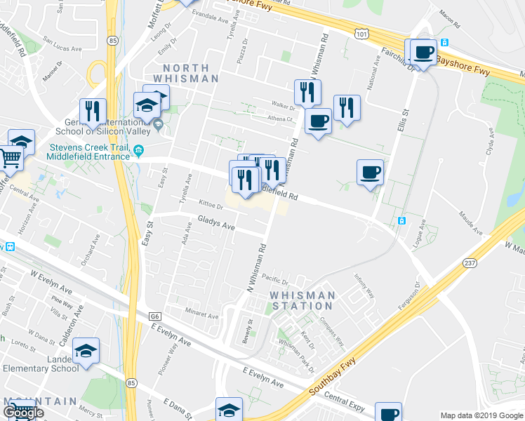 map of restaurants, bars, coffee shops, grocery stores, and more near 264 North Whisman Road in Mountain View