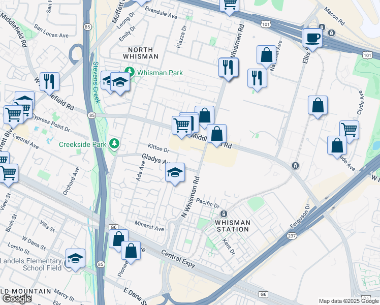 map of restaurants, bars, coffee shops, grocery stores, and more near 264 North Whisman Road in Mountain View