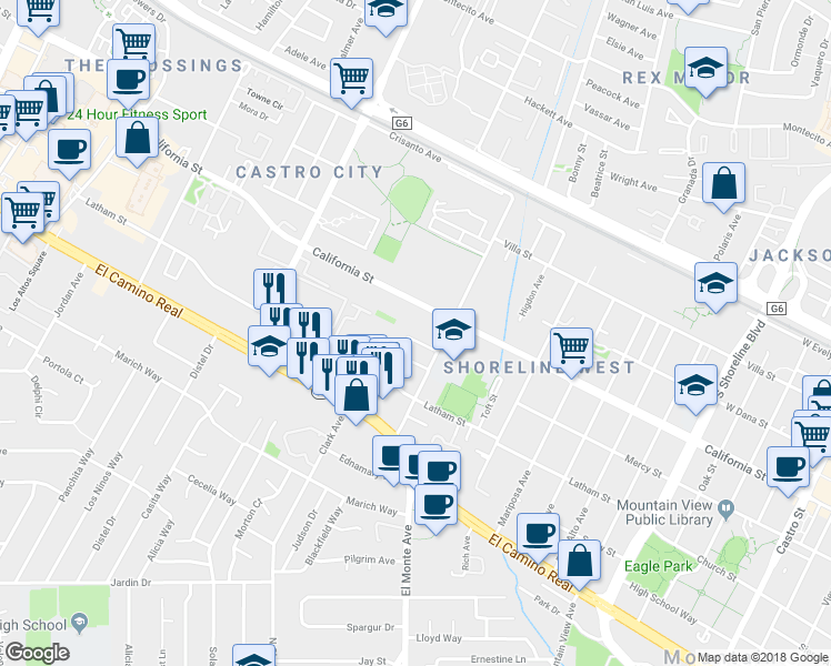 map of restaurants, bars, coffee shops, grocery stores, and more near 1921 California Street in Mountain View