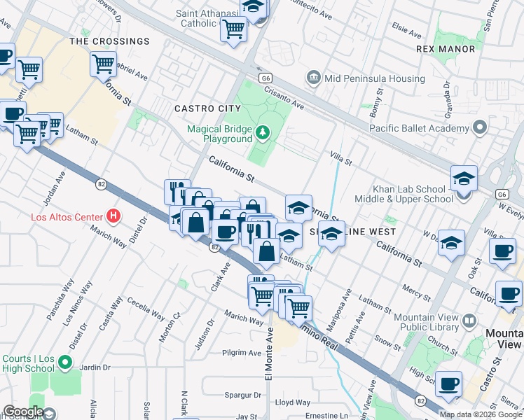 map of restaurants, bars, coffee shops, grocery stores, and more near 1945 Mount Vernon Court in Mountain View