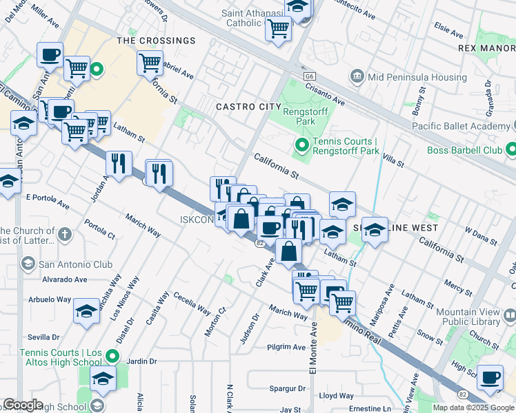 map of restaurants, bars, coffee shops, grocery stores, and more near 2050 Latham Street in Mountain View