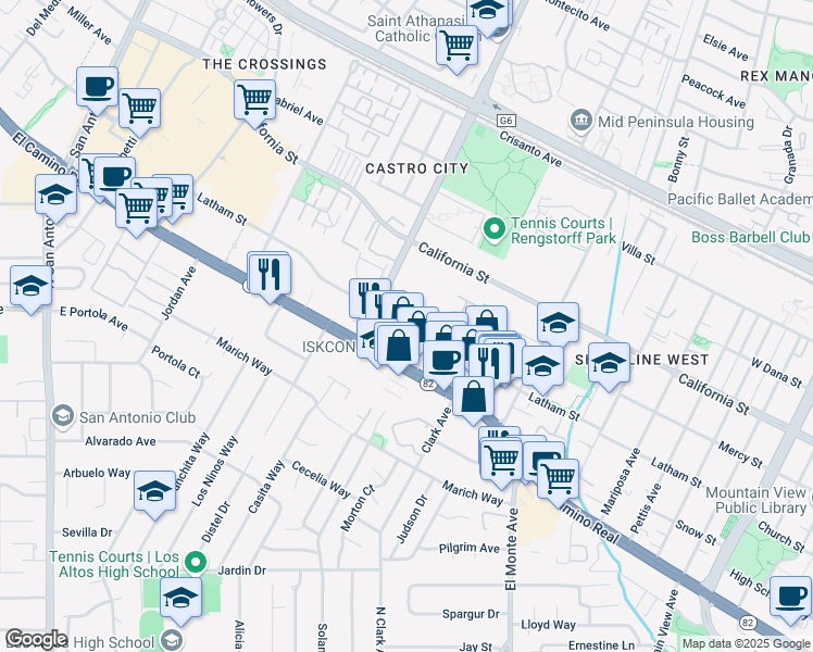map of restaurants, bars, coffee shops, grocery stores, and more near 2050 Latham Street in Mountain View