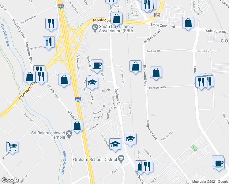 map of restaurants, bars, coffee shops, grocery stores, and more near 2151 Oakland Road in San Jose