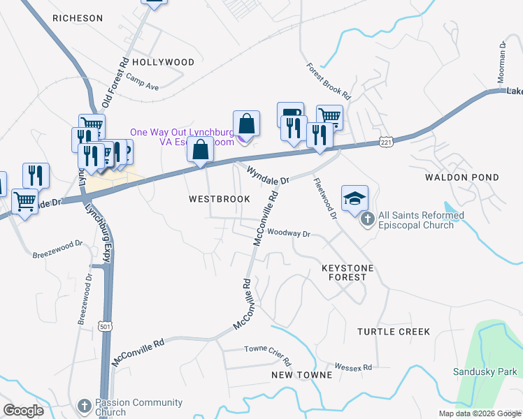 map of restaurants, bars, coffee shops, grocery stores, and more near 115 McConville Road in Lynchburg