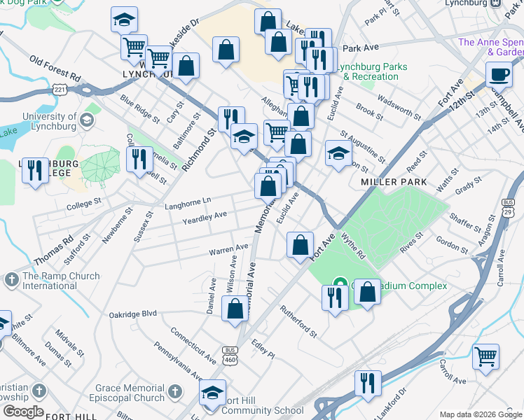 map of restaurants, bars, coffee shops, grocery stores, and more near 103 Yeardley Avenue in Lynchburg