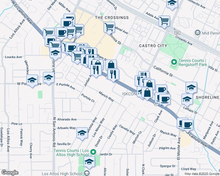 map of restaurants, bars, coffee shops, grocery stores, and more near 330 Distel Drive in Los Altos
