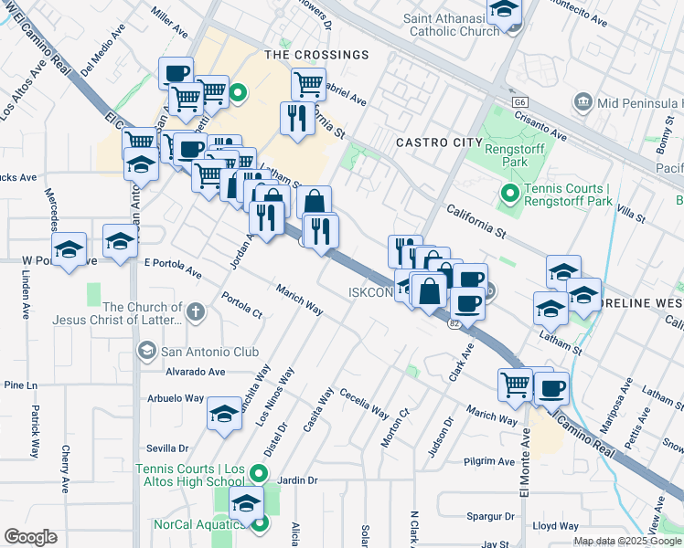map of restaurants, bars, coffee shops, grocery stores, and more near 5050 West El Camino Real in Los Altos