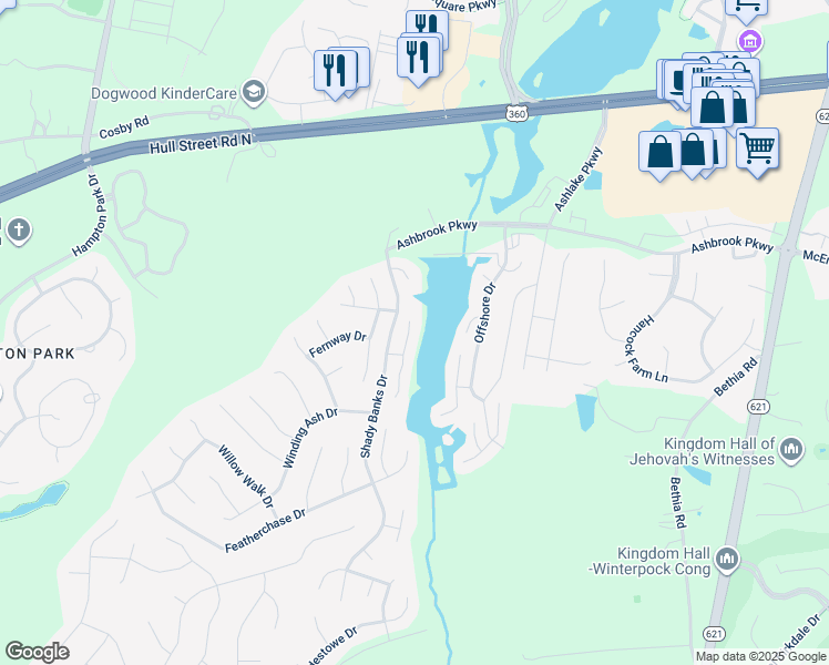 map of restaurants, bars, coffee shops, grocery stores, and more near 7719 Shady Banks Terrace in Chesterfield