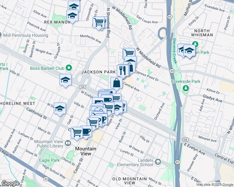 map of restaurants, bars, coffee shops, grocery stores, and more near 108 Moffett Boulevard in Mountain View