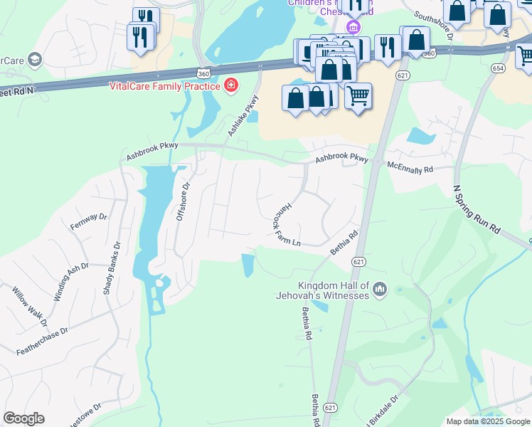 map of restaurants, bars, coffee shops, grocery stores, and more near 14606 Clover Ridge Lane in Chesterfield