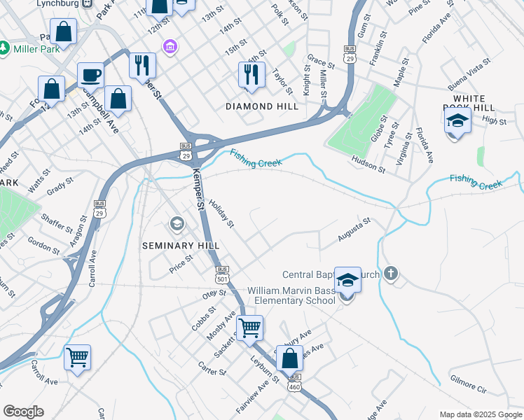 map of restaurants, bars, coffee shops, grocery stores, and more near 1710 Price Street in Lynchburg