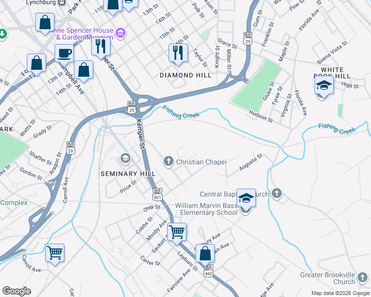 map of restaurants, bars, coffee shops, grocery stores, and more near 1710 Price Street in Lynchburg