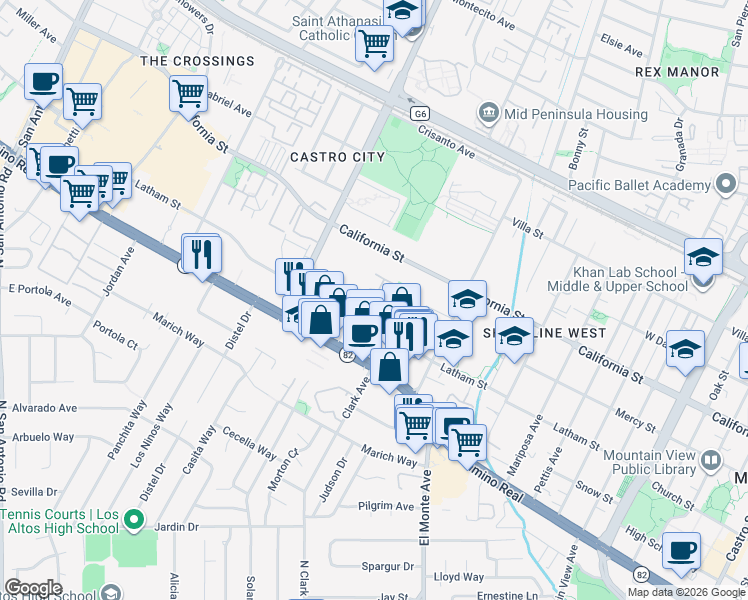 map of restaurants, bars, coffee shops, grocery stores, and more near 1990 Latham Street in Mountain View